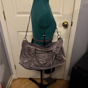 This is a balenciaga gray/blue motocross city bag